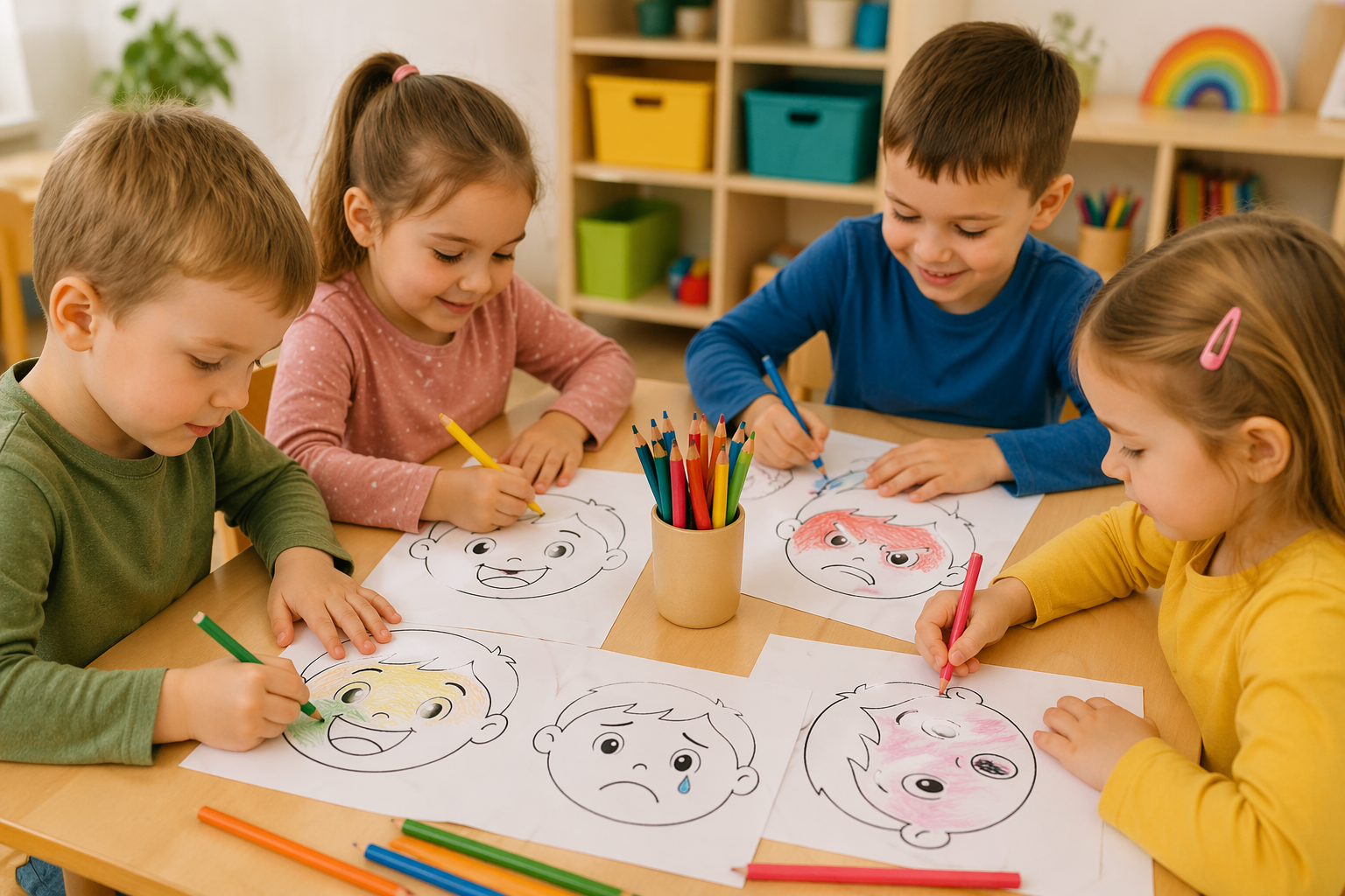 4 emocje – karta pracy dla przedszkolaka (PDF) + gotowe ćwiczenie krok po kroku