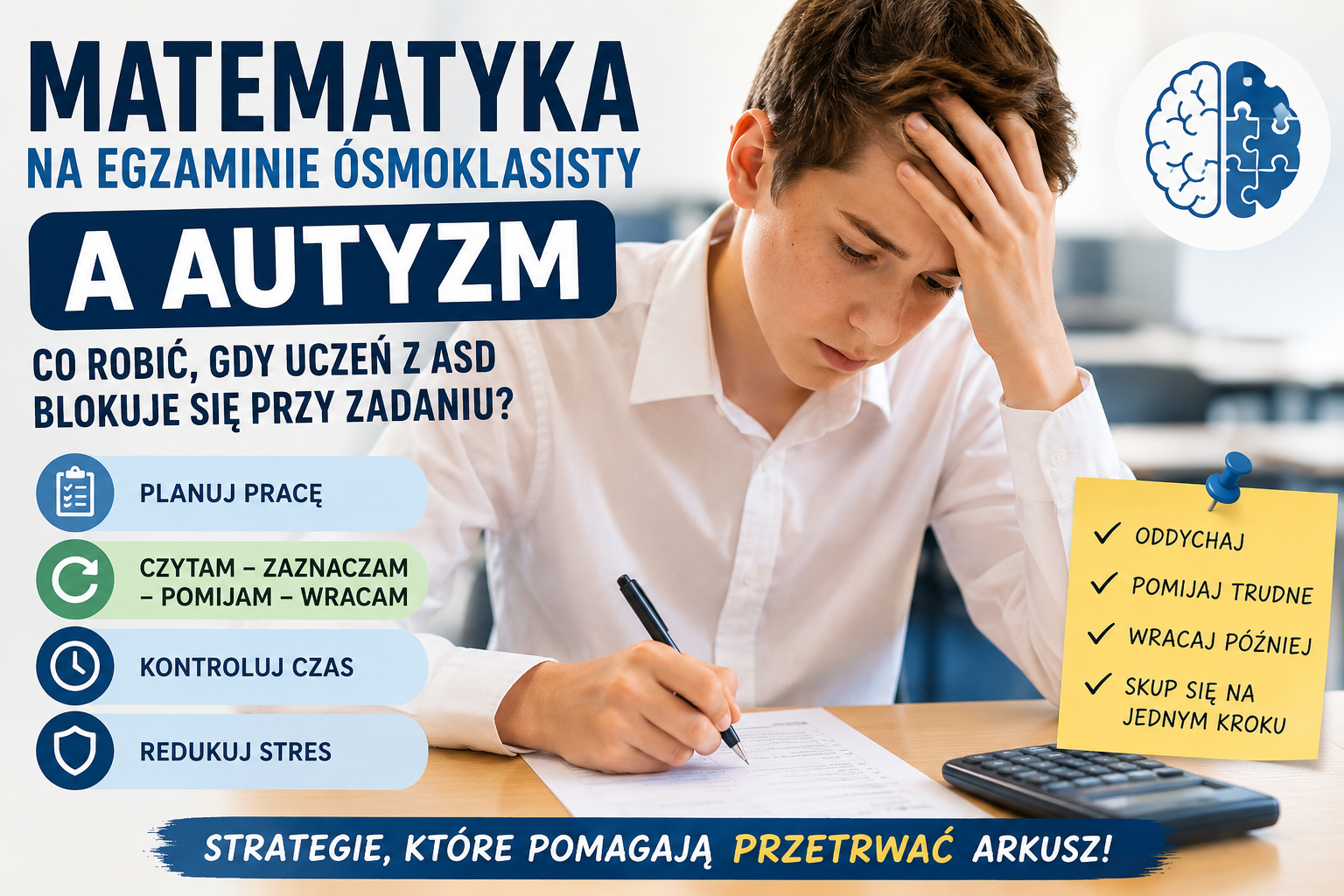 Matematyka na egzaminie ósmoklasisty a autyzm: co robić, gdy uczeń z ASD blokuje się przy zadaniu?